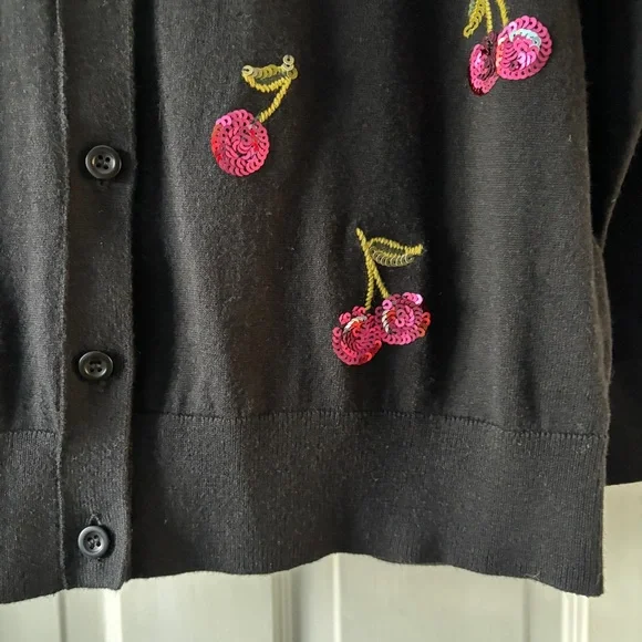 Kate Spade Sequin Cherries Black Cardigan Sweater Size L - Picture 8 of 16